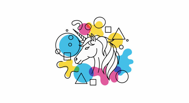 Stylized unicorn head outline against colorful abstract shapes and geometric forms
