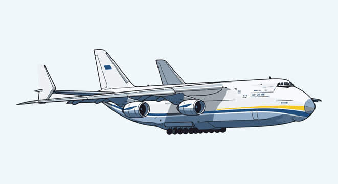 Stylized vector illustration of a large cargo aircraft with four engines