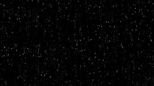 Rain particle overlay projects dynamic motion across dark background, while digital white texture creates cinematic atmosphere for deep visual immersion in an abstract monochrome rhythm pattern.