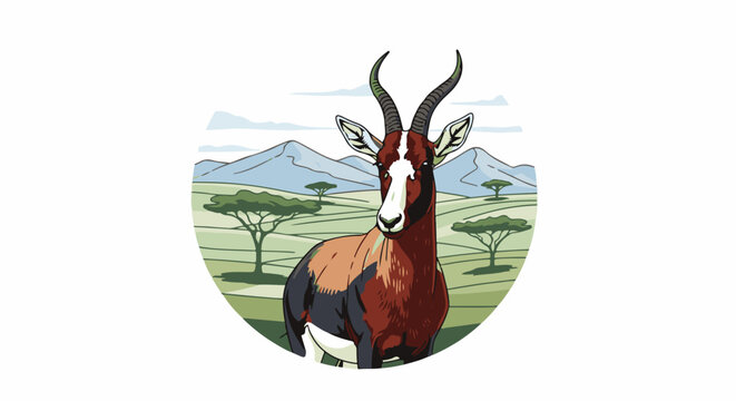 Stylized savanna scene with a bontebok in foreground and mountains