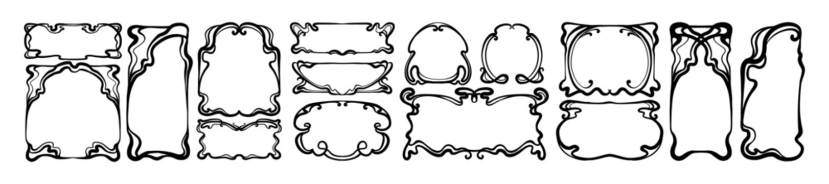 Art nouveau frame set, hand drawn vintage swirl decoration border elegant antique wedding invitation. Ornamental organic line banner, classic floral background empty box. Art nouveau silhouette print