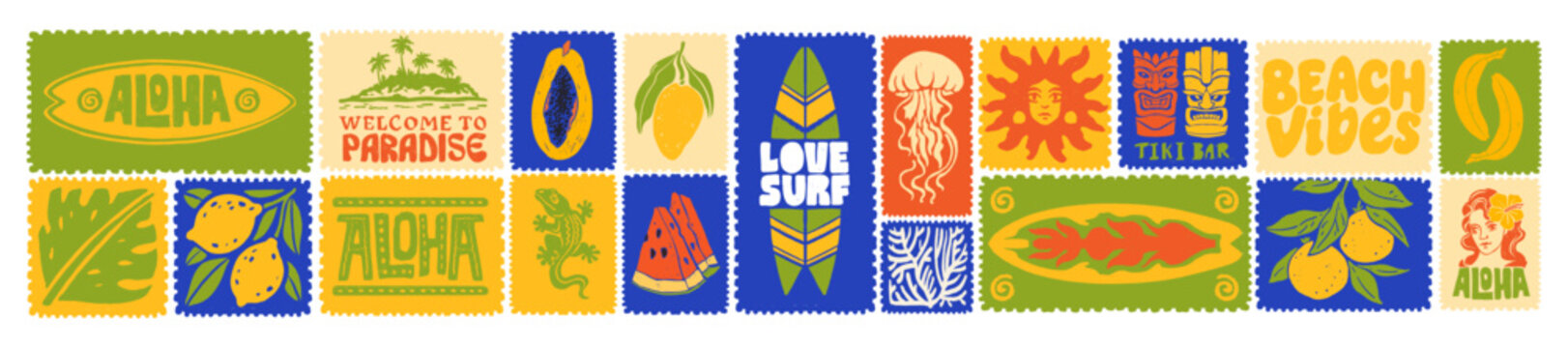 Summer tropical mail stamp, hand drawn vintage exotic vacation sticker set, paradise travel postmark. Aloha island holiday print, ocean surfboard sign fruit silhouette. Coastal summer stamp collection