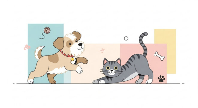 Cute dog and cat play together in colorful background with toys and bones