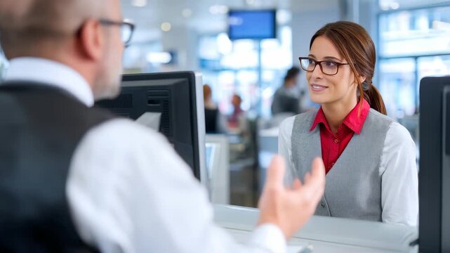 Smiling bank clerk communicates with a client at a contemporary service desk, ensuring a positive banking experience. The scene highlights professionalism and trust in financial services