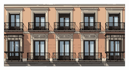 Fototapeta premium Stylized illustration of a multi-story building facade with ornate balconies and windows