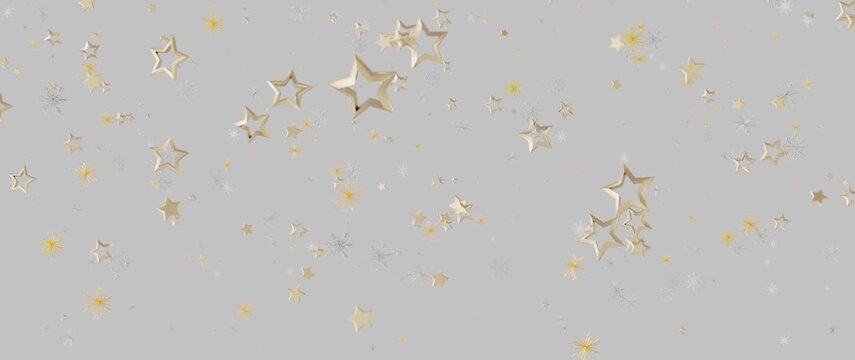 Festive gold stars and snowflakes floating against a grey backdrop. Perfect for holiday designs, ce