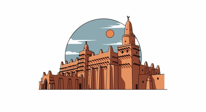 Stylized illustration of a mud-brick mosque with a crescent moon atop a tower