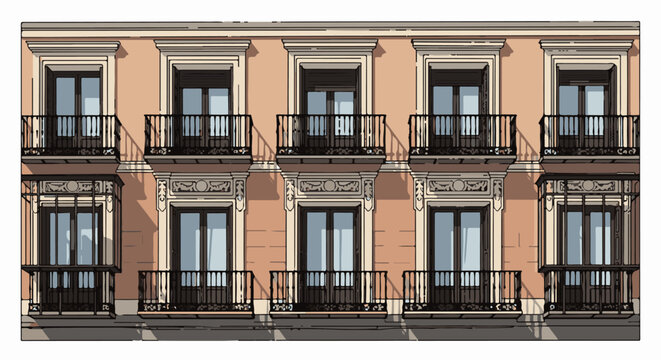 Stylized illustration of a multi-story building facade with ornate balconies and windows