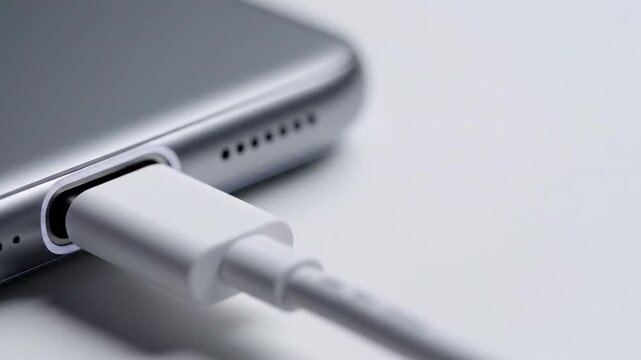 Connecting a white USB-C charging cable into the port of a sleek silver smartphone by a fair-skinned young adult in a macro shot.