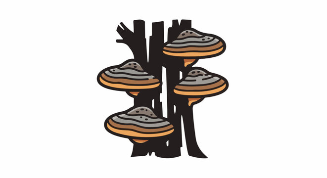Stylized illustration of a tree trunk with bracket fungi