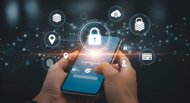 Mobile device security and protection concept with lock and icons