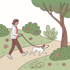 Fototapeta premium Woman walking a dog on a leash in a park