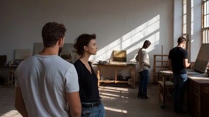 Fototapeta premium s observe and discuss artwork in a sunlit studio with dramatic light and shadow patterns