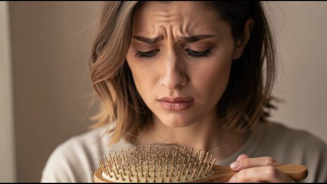 Concerned young woman examining hair loss on wooden brush indoors closeup