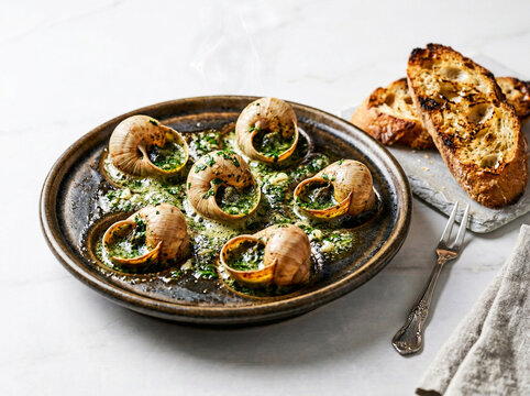 French Escargot de Bourgogne Snails in Shell with Bubbling Garlic Herb Butter Parsley Sauce and Toasted Baguette on White Plate White Background