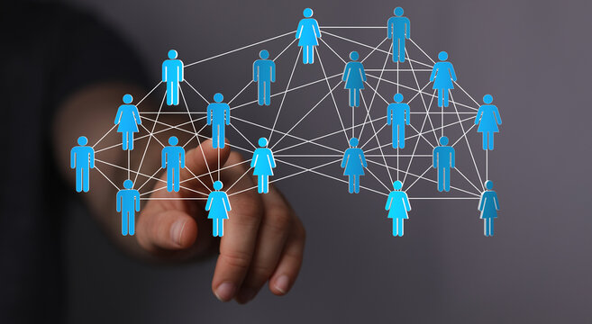 Concept of social network, teamwork, business connection, global communication, with human hand touching diagram of peo
