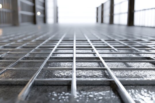 Metallic grate floor with reflection of light and structures