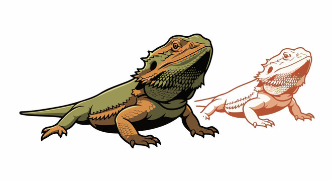 Two cartoon bearded dragons, one fully colored and detailed, the other a light sketch