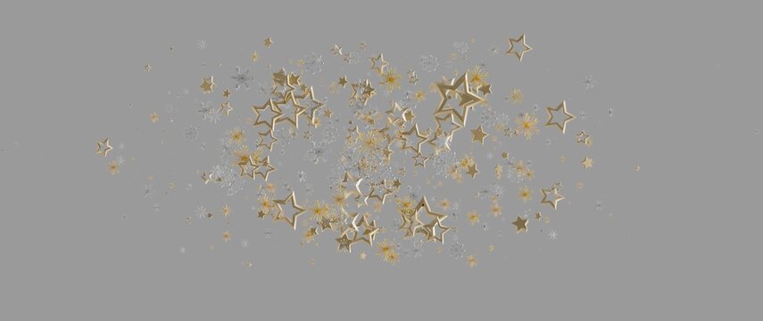 Festive gold stars and snowflakes floating against a grey backdrop. Perfect for holiday designs, ce