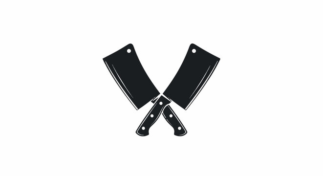 Two crossed black cleavers with simple handles on a white background