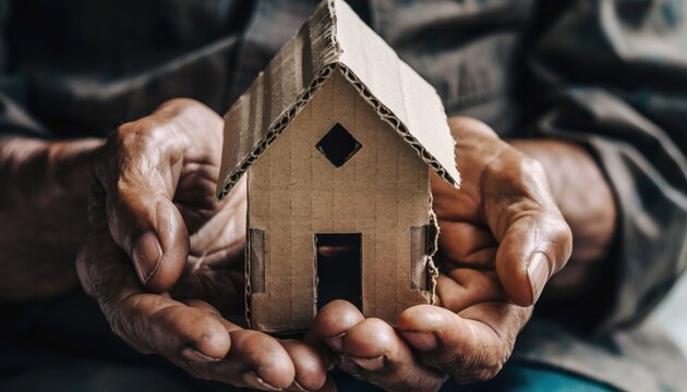 Close-up of weathered adult hands gently holding a small, crude handmade toy made from recycled wire and wood