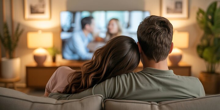 Young loving couple enjoys a comfortable evening at home watching television on the sofa together