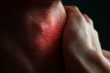 Fototapeta premium Itchy skin irritation with a person scratching the irritated red area on the neck.