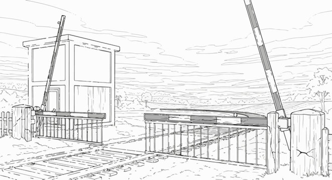 Train crossing with barrier, signal box, and rural landscape