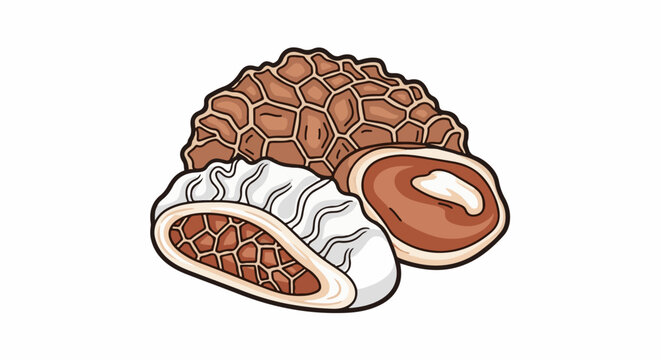 Three cartoon-style morel mushrooms, one whole and two sliced, against a white background
