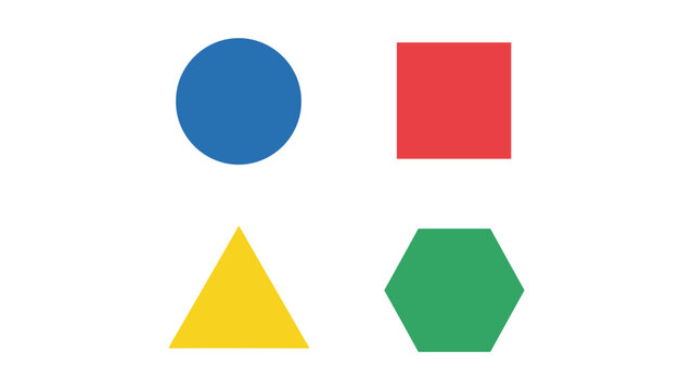 Four distinct geometric shapes in primary colors