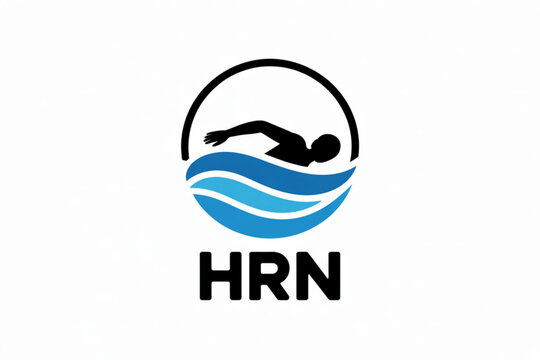 Graphic logo featuring a silhouette of a person swimming in blue waves with the acronym hrn below Vector