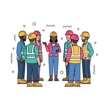 Diverse Construction Team Meeting with Female Manager - Engineering Site Safety Briefing Flat Vector Illustration