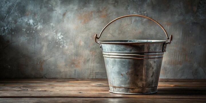 Rustic galvanized metal pail rests on aged wooden surface against a textured backdrop