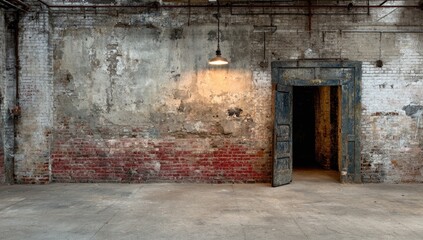 Fototapeta premium Old industrial room with distressed brick walls and an open doorway