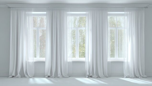 Three tall white-curtained windows letting in diffused, sunlit natural light