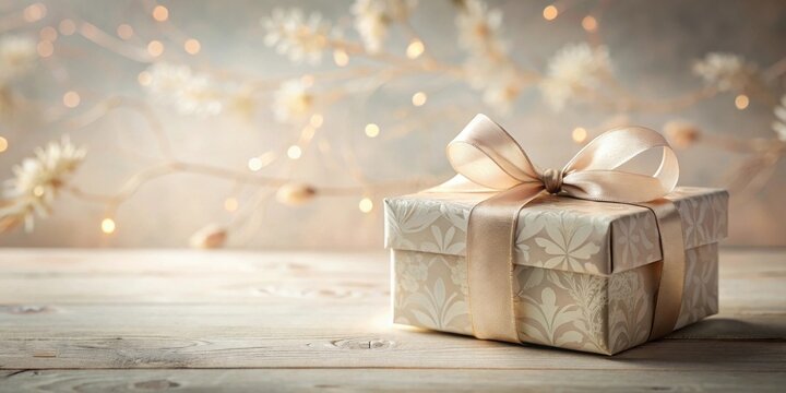 A delicately wrapped present sits on a wooden surface, adorned with a soft beige ribbon and subtle floral patterns, bathed in the warm glow of ambient lighting.