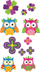 Naklejka premium Colorful cartoon owls with decorative feathers surrounded by vibrant flowers, playful children’s design illustration perfect for party decor and educational projects