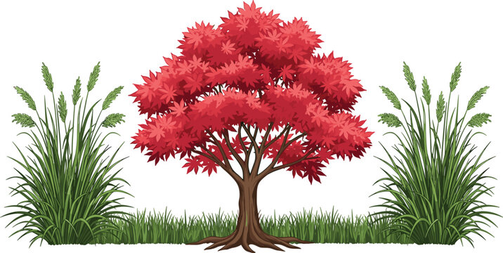 Vector illustration of Japanese maple tree with bright red leaves, brown trunk, and surrounding green grass, decorative botanical artwork highlighting natural contrast and vibrant foliage.
