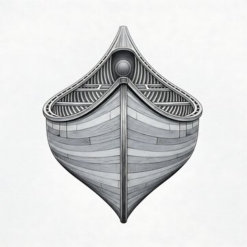 Detailed black and white illustration of a wooden boat with interior ribbing viewed from the front on a clean white background