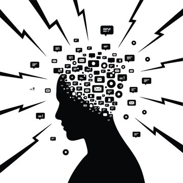 Overwhelmed mind a silhouette head exploding with digital communication icons