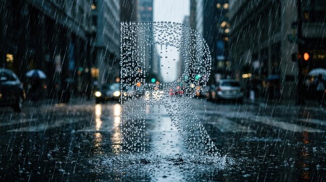 A city street in the rain with a large puddle on the road.