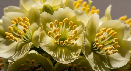 Fototapeta premium Close-up of hellebore flowers with yellow stamens on gray background. jojoba flower