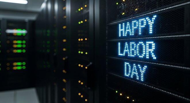 Happy Labor Day message on server computer screen in data center