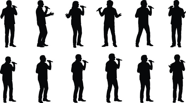 Collection of black and white vector silhouette illustrations featuring a male figure holding a microphone speaking and singing in various poses for public performances.