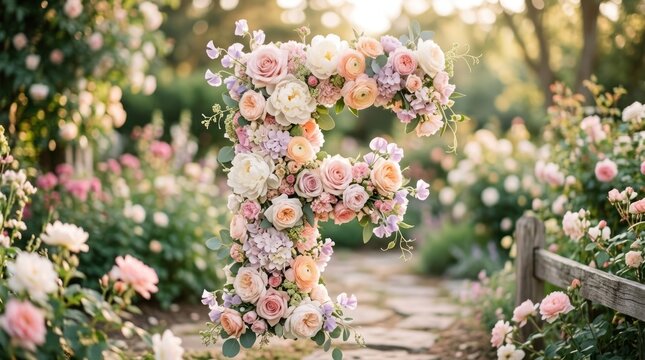 A floral arrangement in a garden setting, featuring a large, ornate letter 'F' made of pink and white flowers, surrounded by lush greenery and blooming flowers.