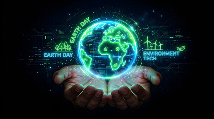 Obraz premium AI Generated Earth Day Neon Glowing Globe Technology Environment Green Concept