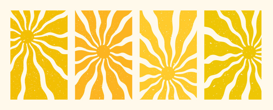 Summer sun posters, abstract backgrounds in yellow tints with groovy abstract wave rays. Vintage summer sunshine design with textured look. Perfect for wall art, prints, and home decor