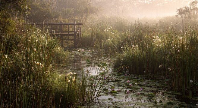 Misty marsh with wooden bridge over water lilies and tall reeds