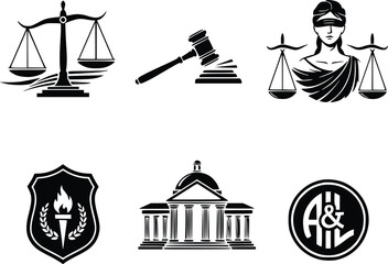 Fototapeta premium A collection of black and white icons representing law and justice