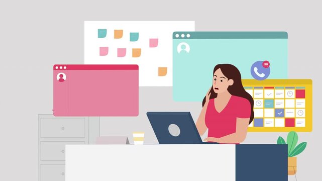 Animation of Overwhelmed Remote Worker Juggling Notifications, Calendar and Tasks at Home Office Desk